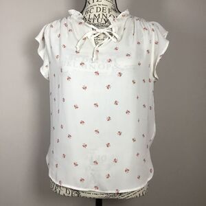 Creamy white ruffle short sleeve blouse black & orange bee pattern keyhole tie S